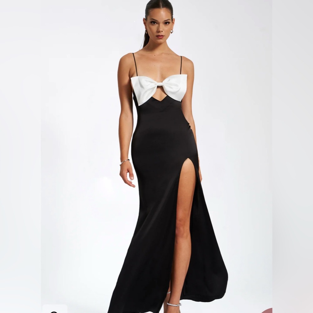 Black Satin Evening Gown with White Bow Accent